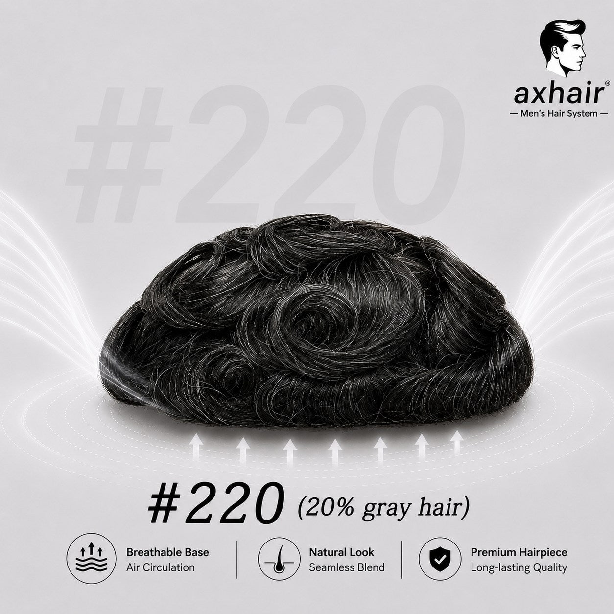 Men's toupee hairpiece, dark brown wavy curls, #220 (20% gray hair)